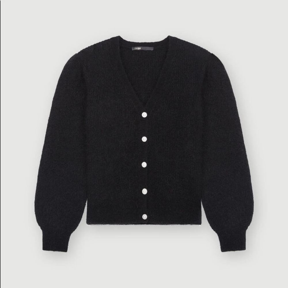 SIZE 1 MAJE BLACK WOOL / MOHAIR CARDIGAN WITH JEWEL BUTTONS